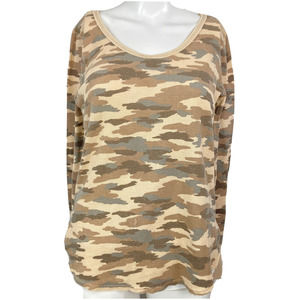 We The Free People Shirt Womens Sz M Brown Gray‎ Camo Waffle Knit Top Cotton